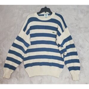 Vintage Izod Lacoste Sweater Mens XL Striped Heavy Knit Cream & Blue Cotton READ